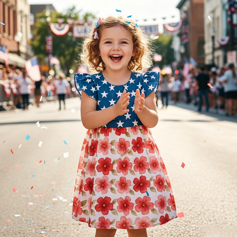 Personalized Stars And Roses USA Flag Inspired Red White Blue Girls Fourth Of July Summer Party Coquette Ruffle Dress