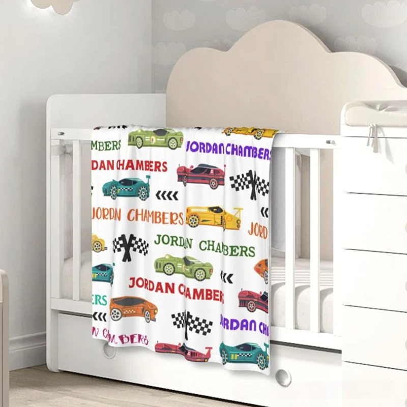 Personalized Race Car Theme Soft Baby Blanket with Name Baby Shower Gift for Newborn
