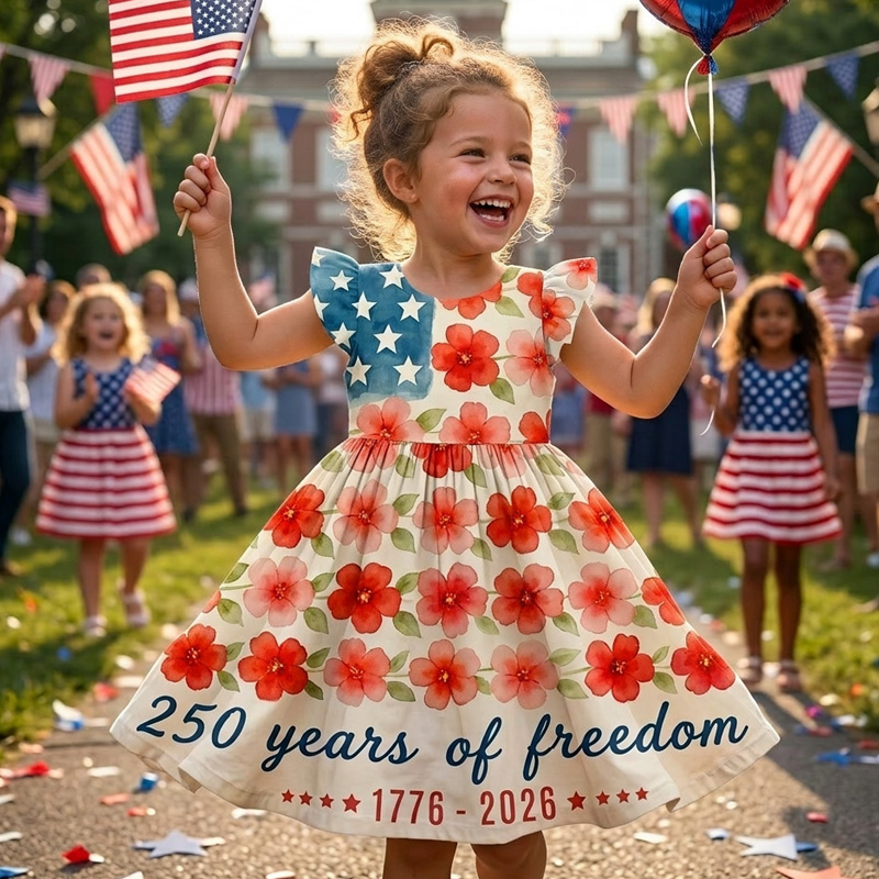 Personalized Patriotic Stars And Daisies USA Anniversary 250 Years Of Freedom Red White Blue Coquette Ruffle Dress