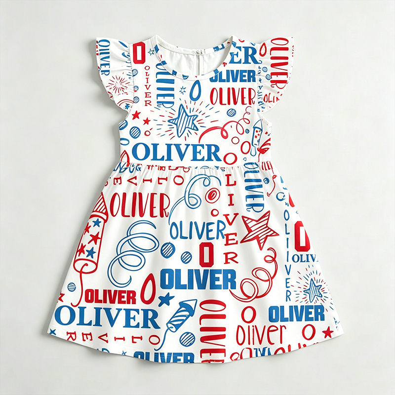 Personalized Red White Blue Fireworks Stars Confetti Name Print USA Fourth Of July Parade Girl Coquette Ruffle Dress