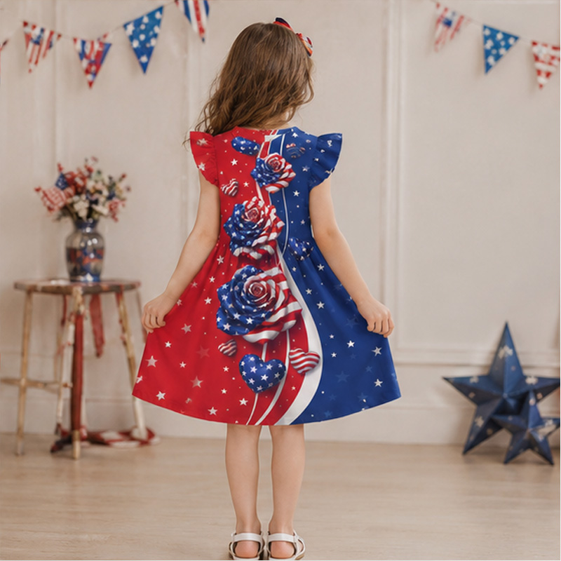 Personalized Split Red And Blue American Flag Fireworks Stars USA Patriotic Girls Fourth Of July Party Coquette Ruffle Dress