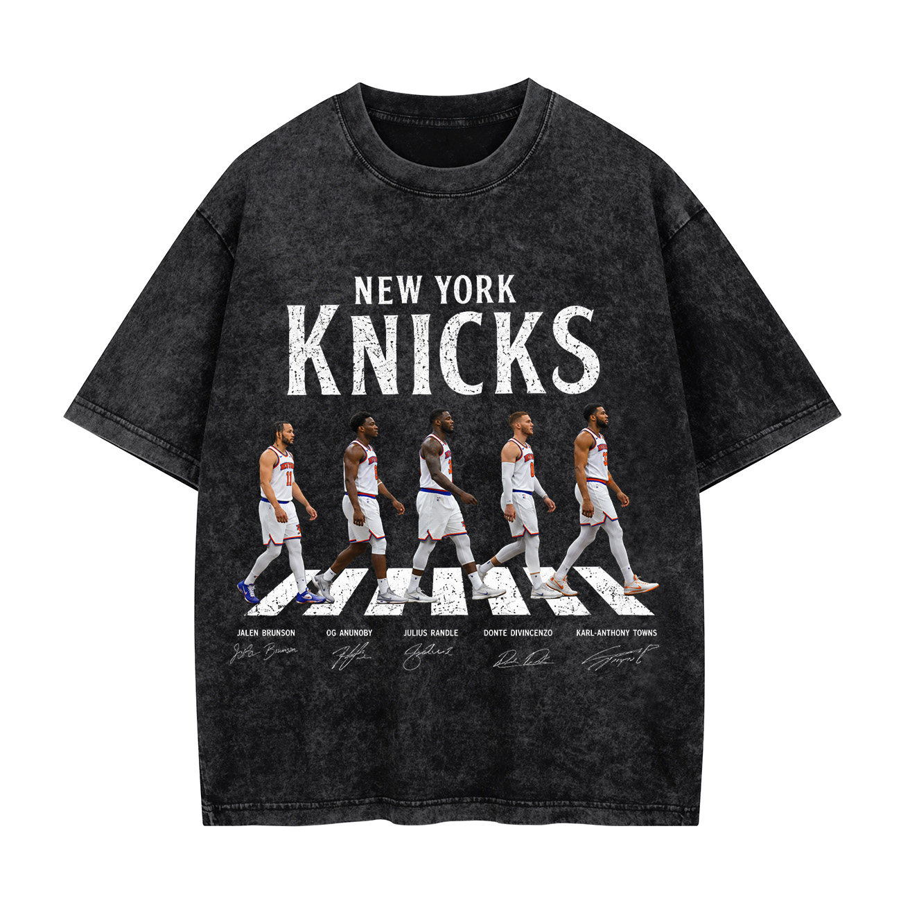 New York Basketball Stars Walking Graphic Washed T-shirt Vintage Rock‑Inspired Street Style Shirt