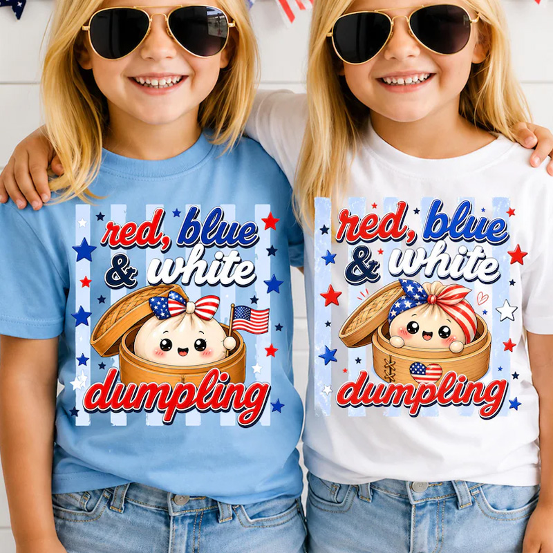 Red Blue And White Dumpling Cute Kawaii Patriotic Fourth Of July Fireworks Stars Graphic Kids Shirt