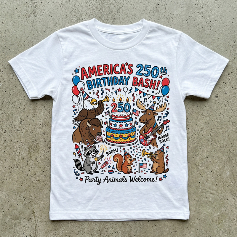 Americas 250th Birthday Bash Animals Fireworks Cake Confetti Cute Patriotic Fourth Of July Celebration Kids Shirt