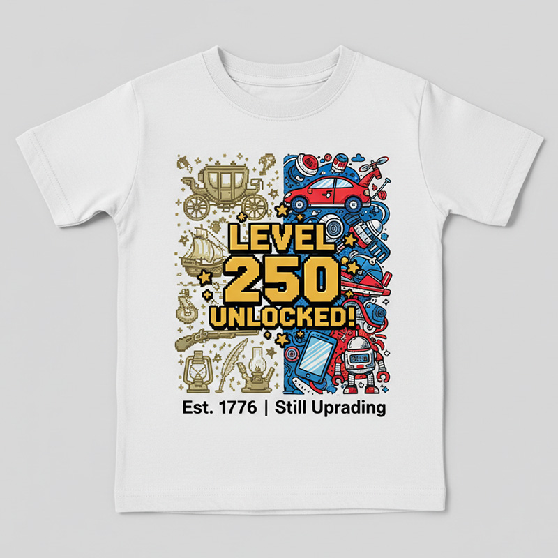 Level 250 Unlocked Retro Gamer Americas 250th Anniversary Patriotic Video Game Controllers Fireworks Kids Shirt