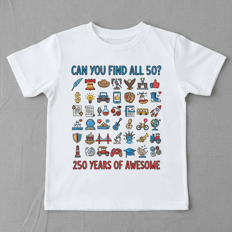 Can You Find All 50 States Icons Map Puzzle Game Patriotic USA Geography Learning Fun 250 Years Of Awesome Kids Shirt