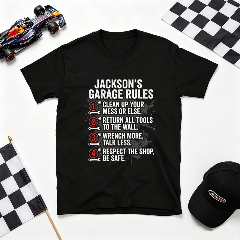 Personalized Garage Rules T-Shirt Custom Workshop Name Tee, Mechanic Garage Owner Gift for Car Lovers