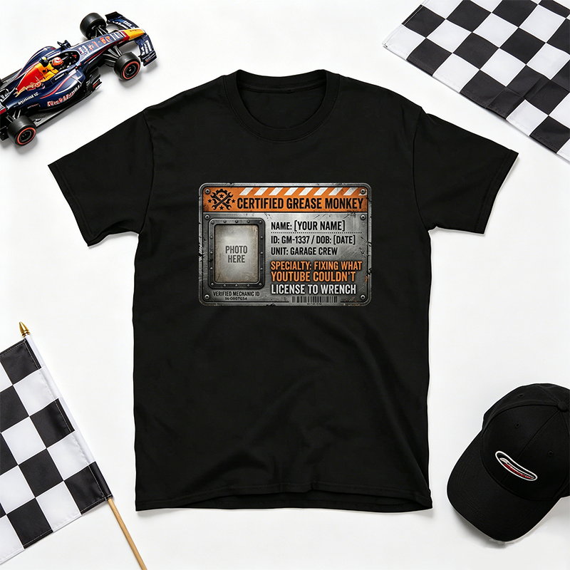 Personalized Certified Grease Monkey Mechanic Tee, Funny Garage Gift for Car Guys Dad