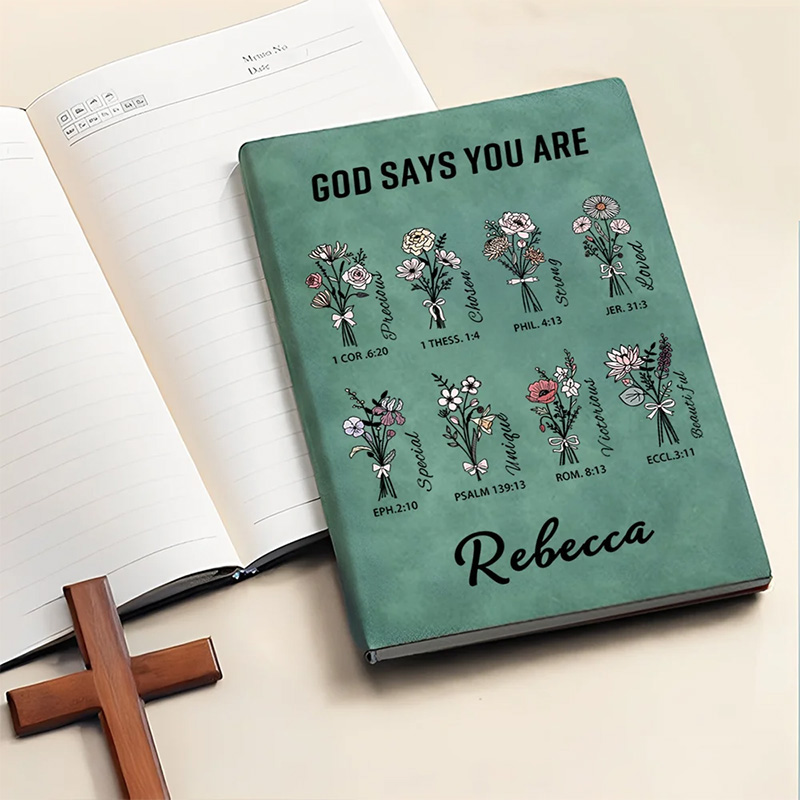 Personalized Bible Verse Birth Flower Leather A5 Journal Notebook with Name Birthday Baptism Gift for Christians Friends
