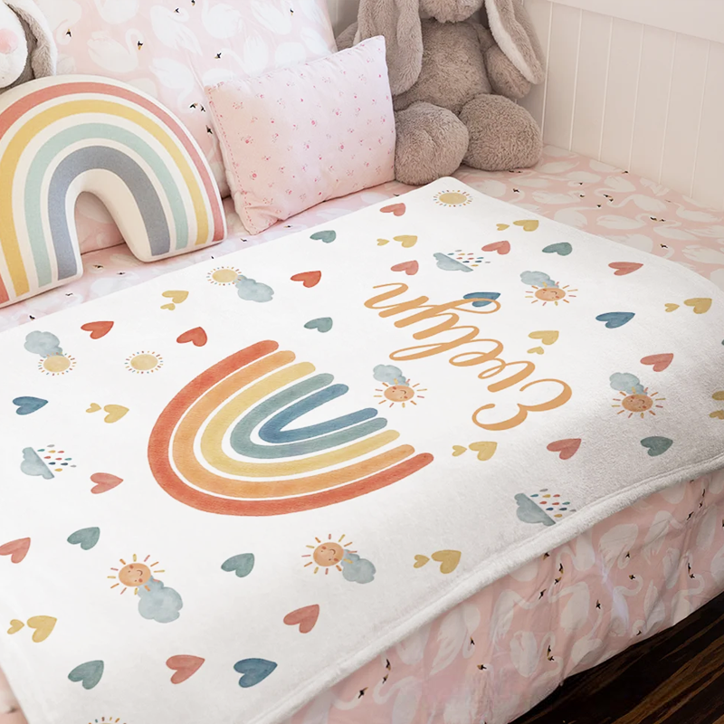 Personalized Heart Cloud Smiling Sun Rainbow Soft Throw Blanket with Name Home Decor Christmas Birthday Gift for Kids