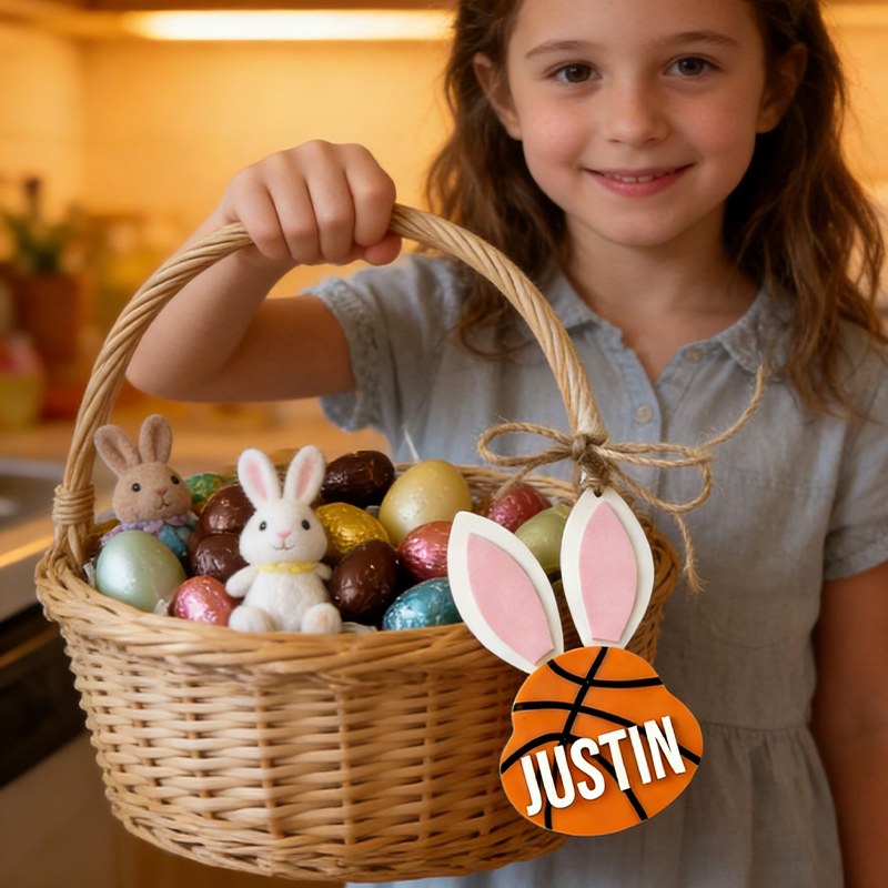 Personalized Basketball Easter Basket Tag Custom Name Bunny Label Gift for Kids on Easter Day