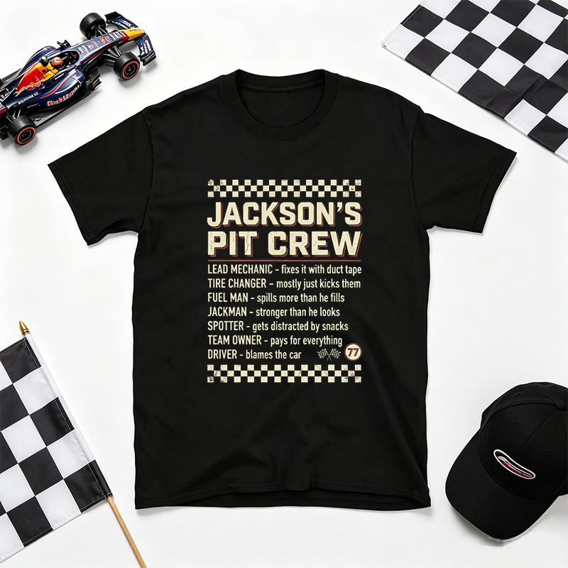 Personalized Pit Crew Racing T-Shirt, Funny Race Team Gift for Motorsport Fans Dad