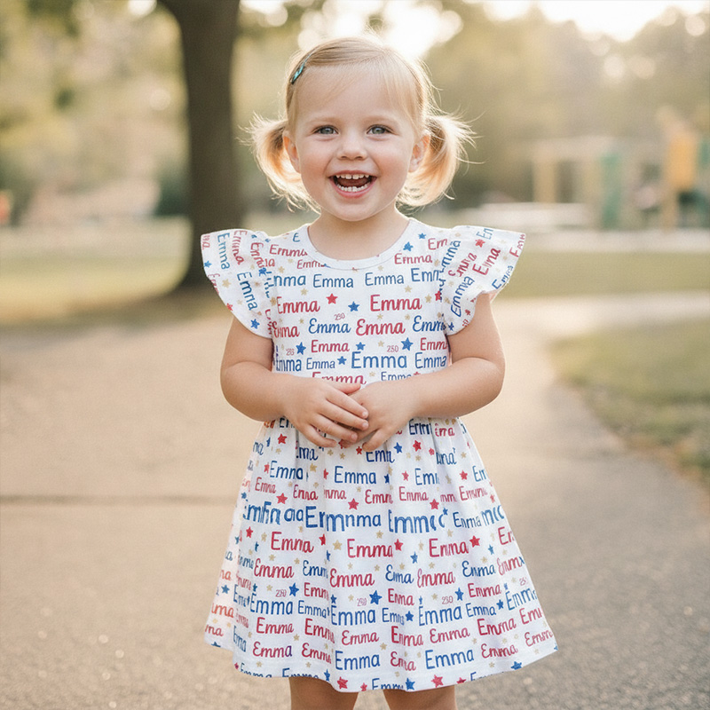 Personalized Red White And Blue Name Repeat Land Of The Free Stars Fourth Of July Patriotic Summer Coquette Ruffle Dress