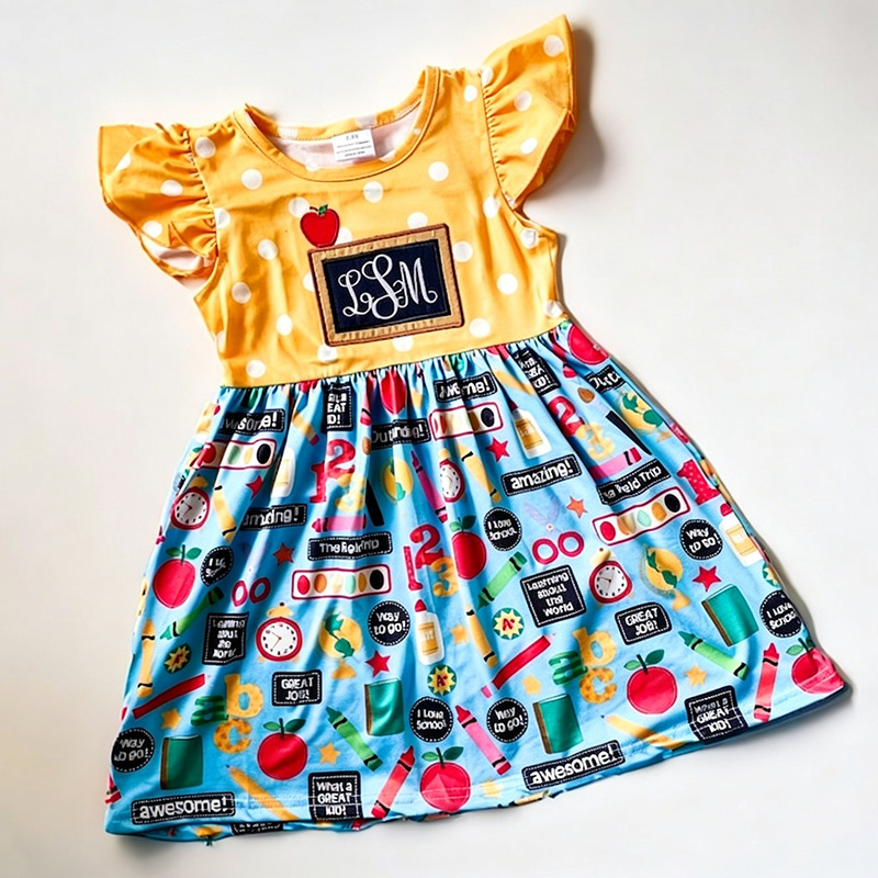 Personalized Back To School Crayon Pencil Alphabet Chalkboard Yellow Polka Dot Colorful Classroom Print Coquette Ruffle Dress