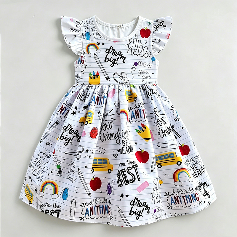 Personalized Back To School Motivational Quotes Rainbow Pencil Apple School Bus Classroom Doodle Print Coquette Ruffle Dress