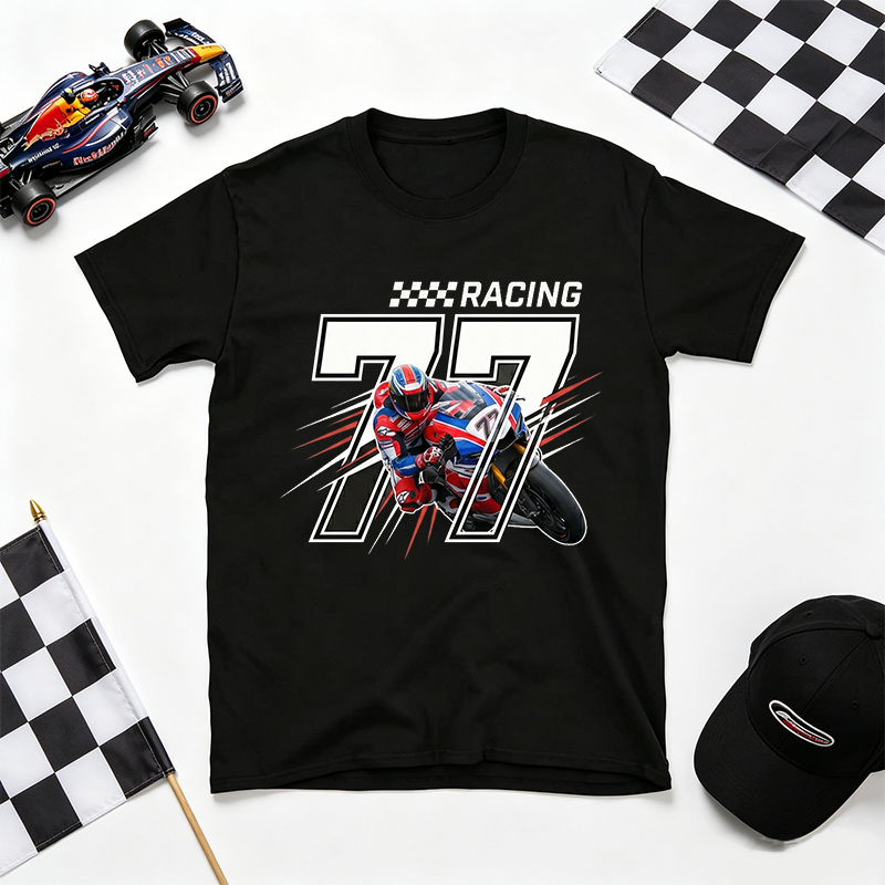 Personalized Number 77 Racing Motorcycle Rider Checkered Flag Graphic Unisex Black Cotton T-Shirt
