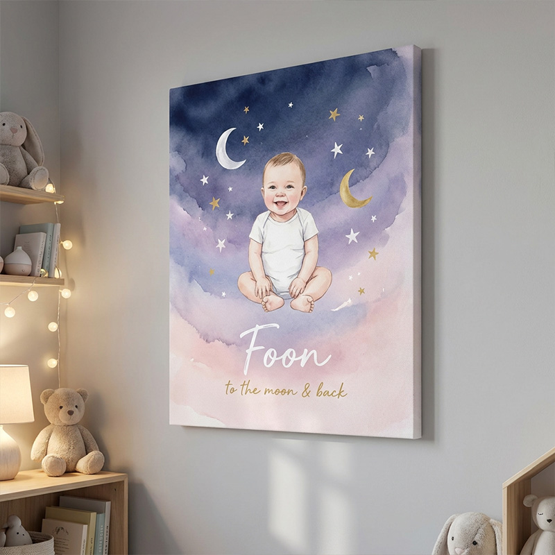Personalized Baby Nursery Moon And Stars Night Sky Watercolor Portrait Custom Name Quote Photo Framed Canvas Prints