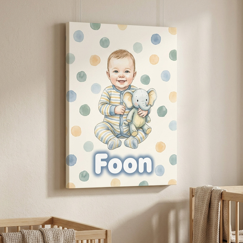 Personalized Baby Neutral Polka Dot Nursery Portrait Custom Name Illustration Keepsake Photo Framed Canvas Prints