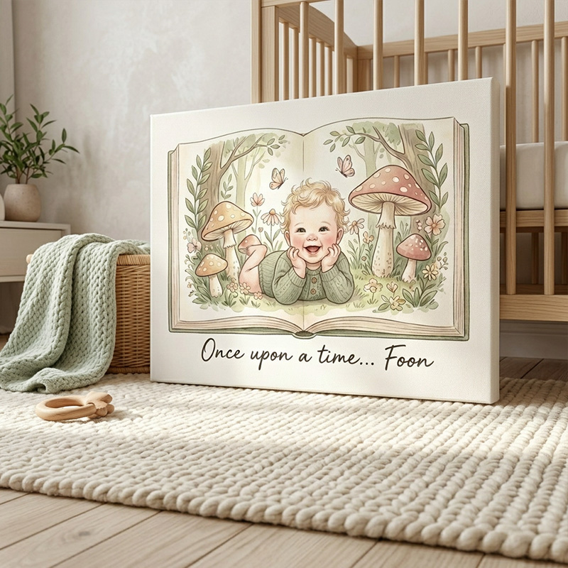 Personalized Fairytale Forest Storybook Nursery Baby Portrait Custom Name Woodland Animals Illustration Photo Framed Canvas Prints