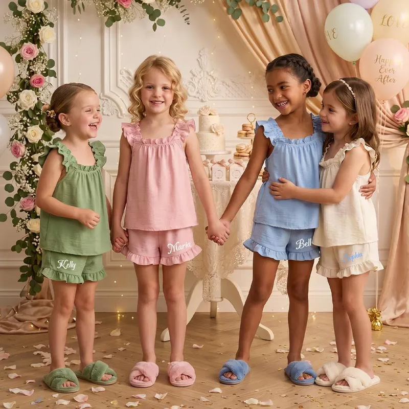 Personalized Floral Party Ruffle Top And Shorts Matching Girls Sleepwe