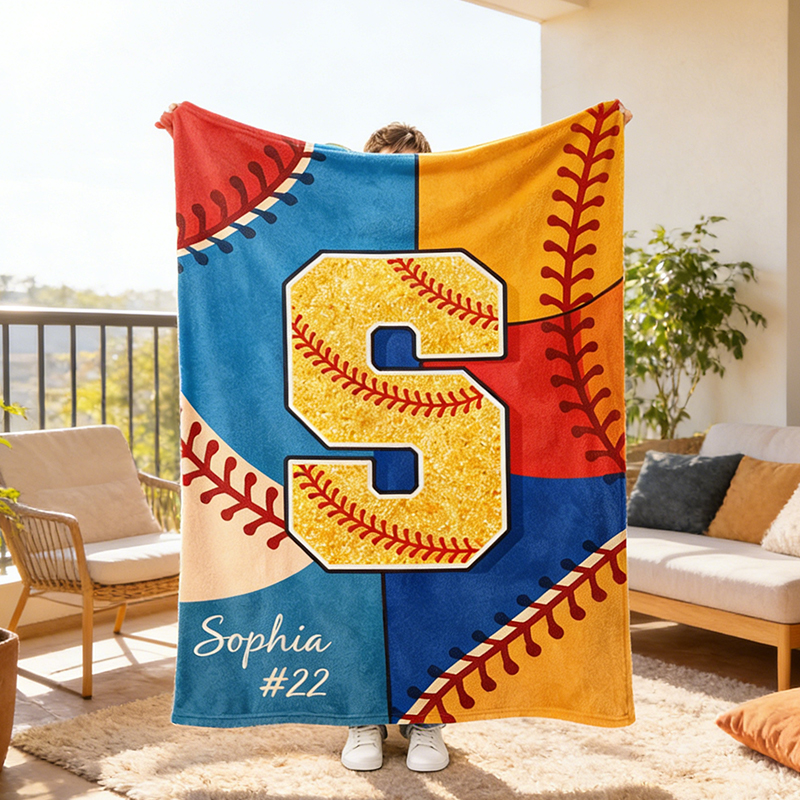Personalized Glitter Softball Blanket with Name and Number for Baseball Girls