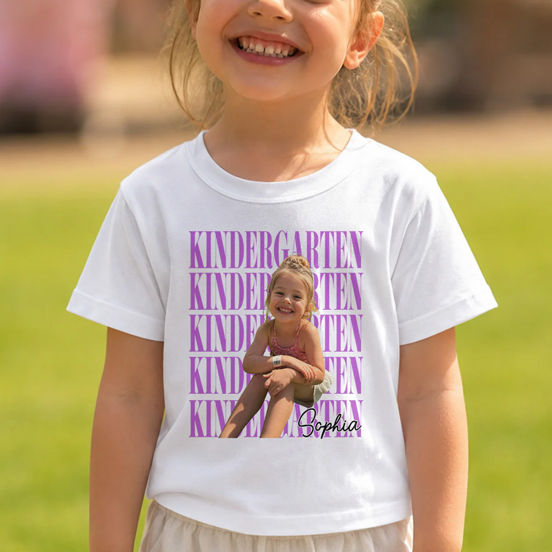 Personalized Kindergarten Grade Repeated Text Back To School Custom Name Photo Tee Cute First Day Kids Shirt