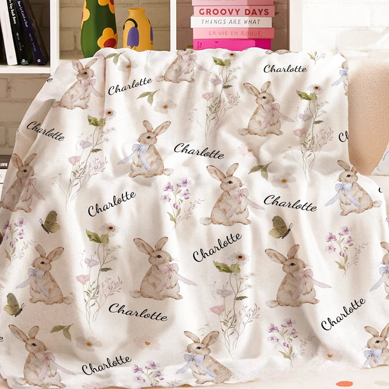 Personalized Wildflower Rabbit Soft Throw Blanket with Name Home Decor Anniversary Birthday Gift for Family Baby