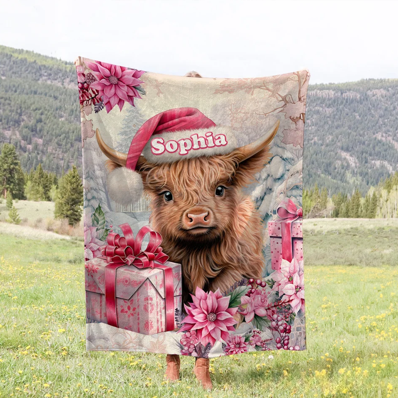 Personalized Pink Floral Highland Cow Blanket with Name Christmas Gift for Highland Cow Lover