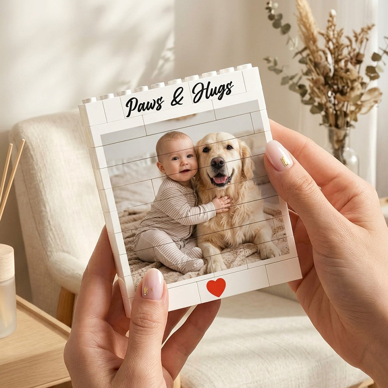 Personalized Baby And Pet Photo Keepsake Custom Name Heart Detail Nursery Decor Gift Photo Building Block Puzzle