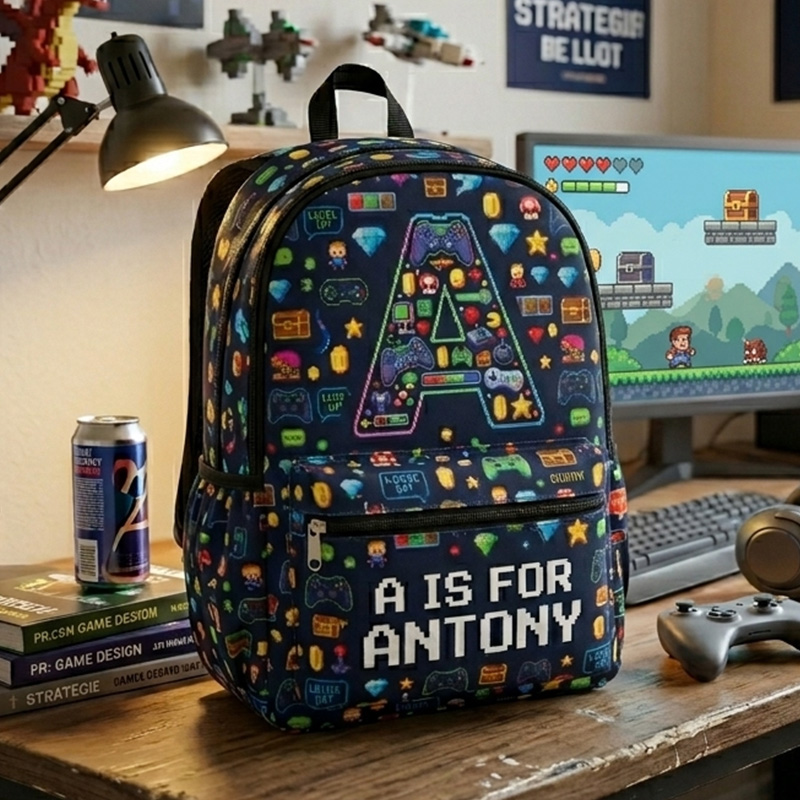 Personalized Gamer Initial Kids Backpack Custom Name Retro Pixel Icons Video Game Pattern Back To School Bag