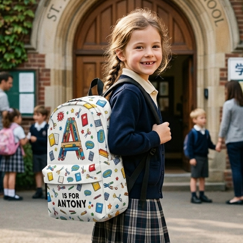 Personalized Back To School Initial Kids Backpack Custom Name Cute Classroom Icons White Print School Bag