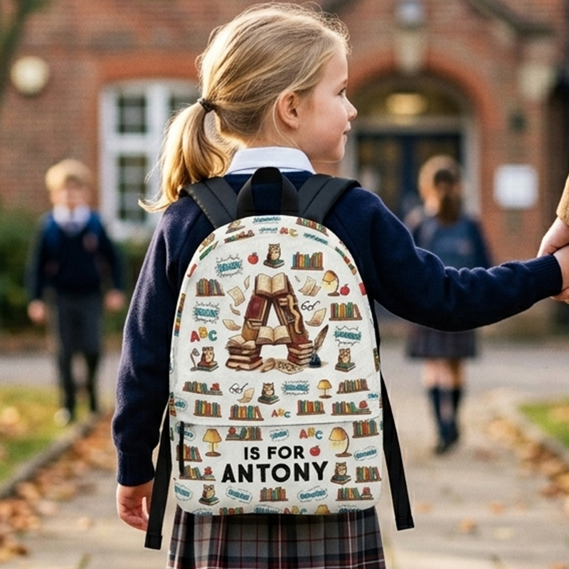 Personalized Book Lover Initial Kids Backpack Custom Name Cute Reading Library Pattern School Bag
