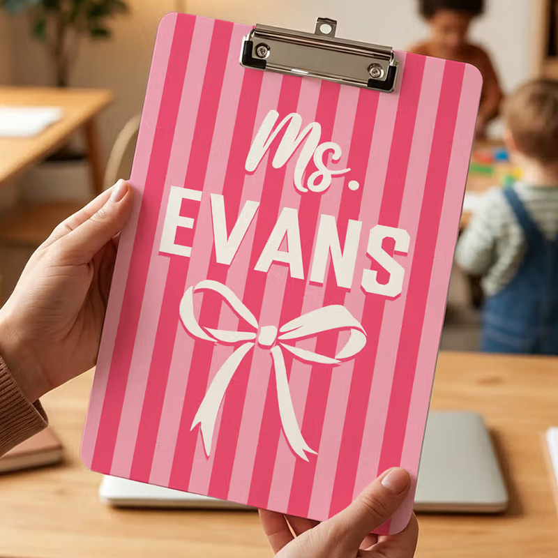 Personalized Bow Striped Portable Clipboard with Title and Surname Teacher's Day Birthday Gift for Teacher