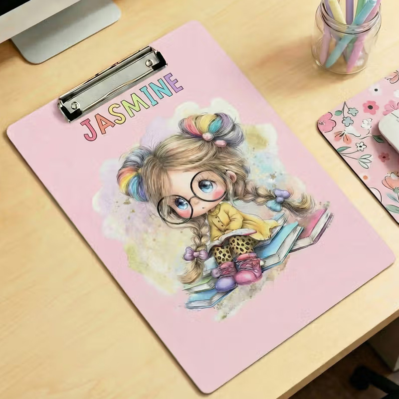 Personalized Cartoon Reading Girl Acrylic Clipboard with Name Back to School Birthday Gift for Students