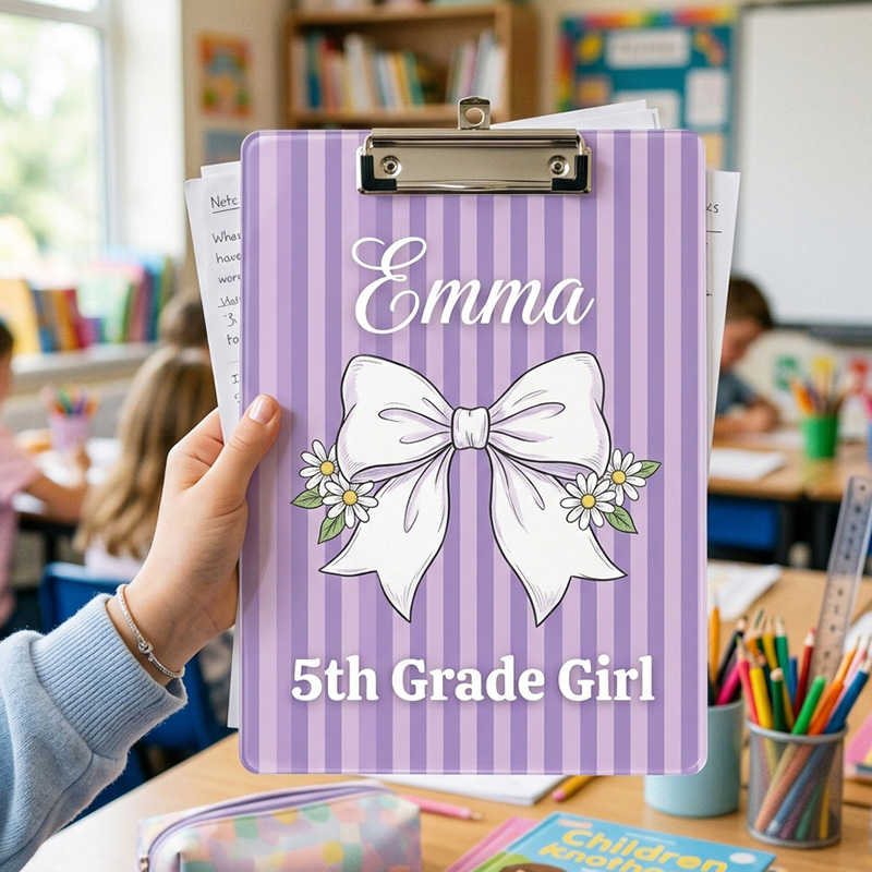 Personalized Lavender Stripe White Bow Name Grade Back To School Prett