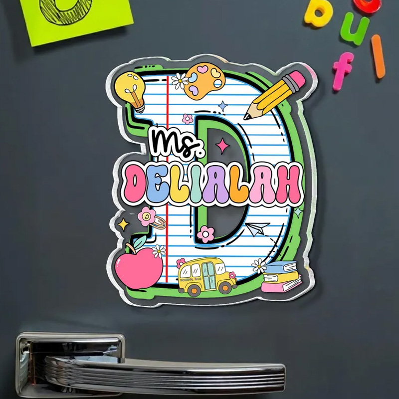 Personalized Colorful Teacher Classroom Doodle Letters Pencil Apple Book Crayon Name Initial Refrigerator Magnets