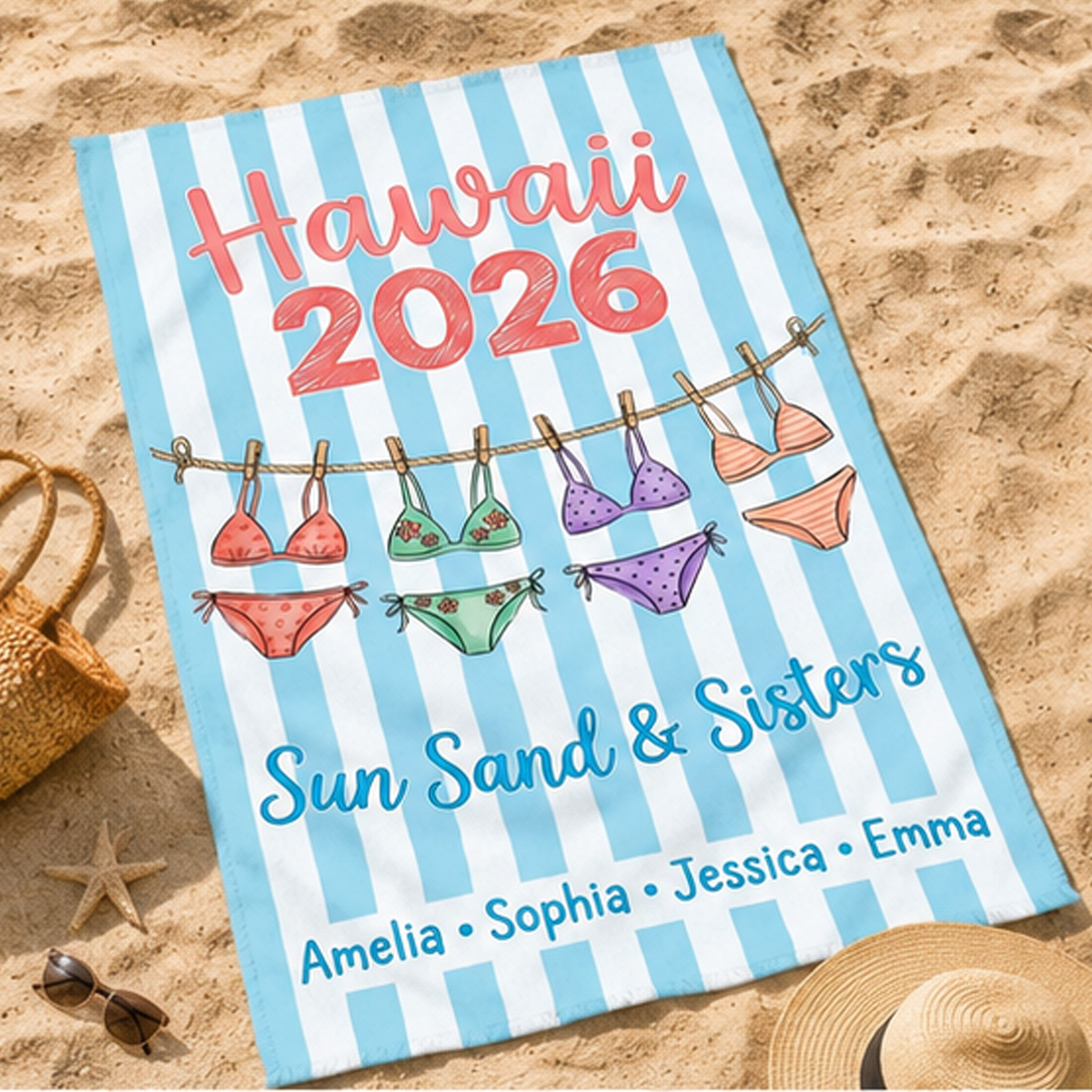 Personalized “Sun, Sand & Sisters” Beach Towel – Custom Hawaii Trip Year and Names