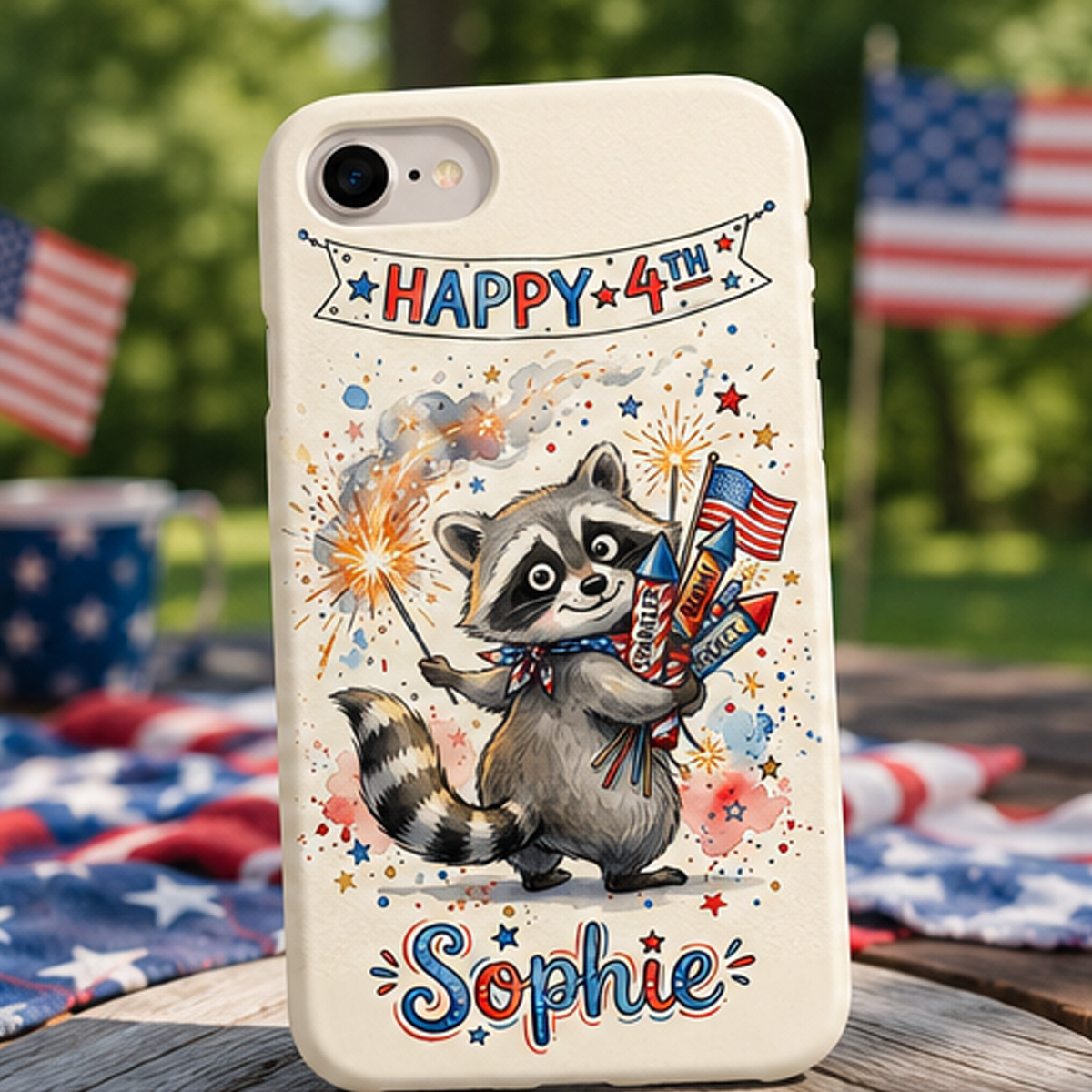Personalized “Happy 4th” Raccoon Phone Case – Custom Name Patriotic Independence Day Cover