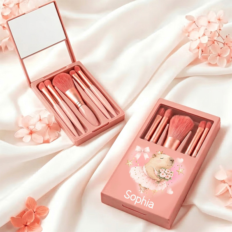 Personalized Cute Capybara Ballerina Pink Floral Tutu Dance Lover Gift Travel Organizer With Mirror Makeup Brushes Box Set