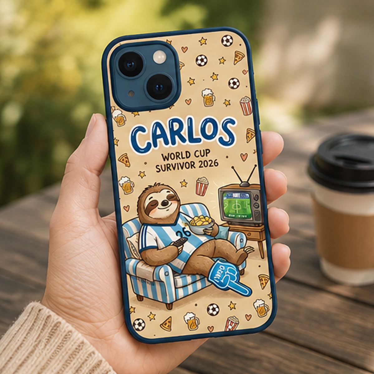 Personalized World Cup Survivor Phone Case – Custom Name & Jersey Sloth Soccer Fan Cover