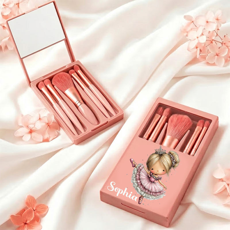 Personalized Cute Blonde Ballerina Girl Pink Tutu Floral Sparkle Dance Lover Gift Travel Organizer Makeup Brushes Box Set