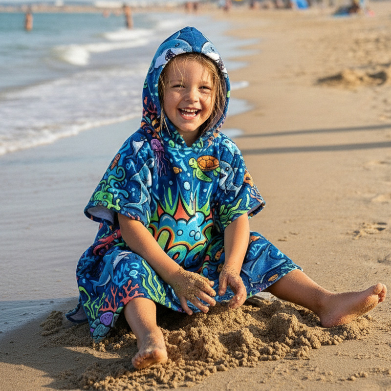 Personalized Colorful Under The Sea Ocean Creatures Seahorse Turtle Fish Coral Reef Print Kids Summer Swim Cover Up Quick Dry Hooded Beach Towel