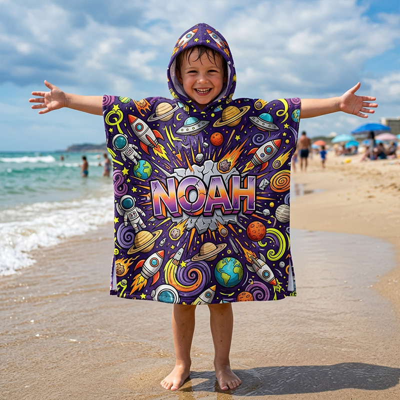 Personalized Colorful Outer Space Planets Stars Rocket Galaxy Universe Print For Little Astronauts Kids Summer Swim Cover Up Quick Dry Hooded Beach Towel