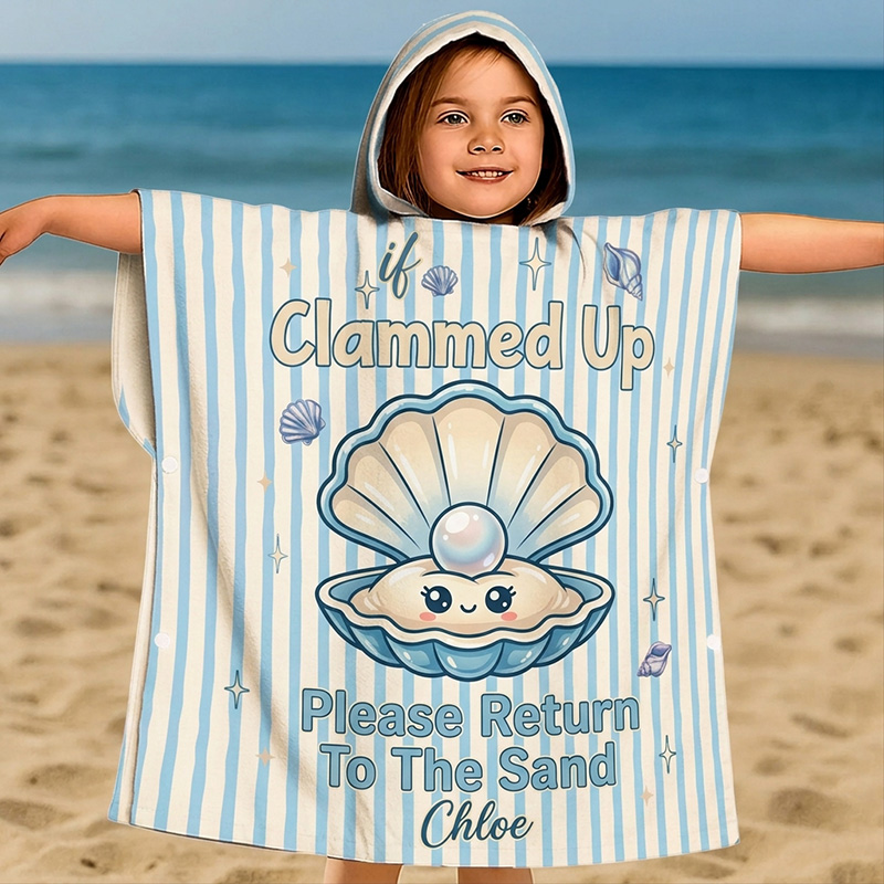 Personalized Cute Clam Seashell Ocean Quote Pastel Blue Sand And Starfish Striped Beach Design Kids Summer Swim Cover Up Quick Dry Hooded Beach Towel