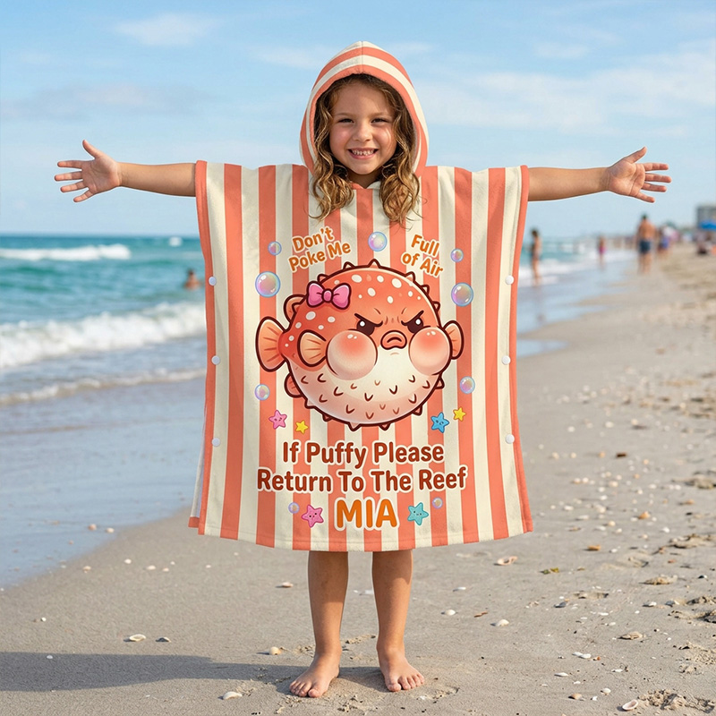 Personalized Cute Crab Ocean Quote Orange Coral Seashells Starfish Striped Beach Design Kids Summer Swim Cover Up Quick Dry Hooded Beach Towel