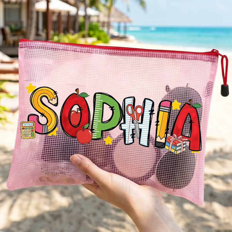 Personalized Back To School Teacher Student Name Cute Stationery Apple Ruler Scissors Stars Printed Waterproof Sandproof Beach Bag