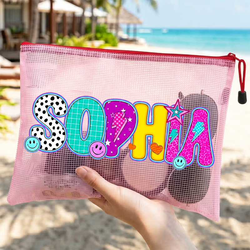 Personalized Colorful Polka Dot Bubble Letters Name Pool Day Vacation Cute Summer Travel Essentials Waterproof Sandproof Beach Bag