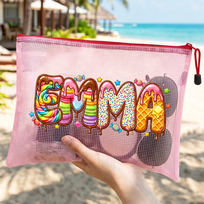 Personalized Summer Beach Vacation Cute Fruit Lemon Watermelon Pineapple Name Bubble Letters Printed Waterproof Sandproof Beach Bag