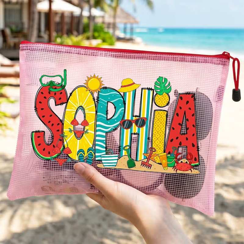 Personalized Tropical Pineapple Palm Tree Name Colorful Doodle Letters Summer Vacation Ocean Adventure Waterproof Sandproof Beach Bag