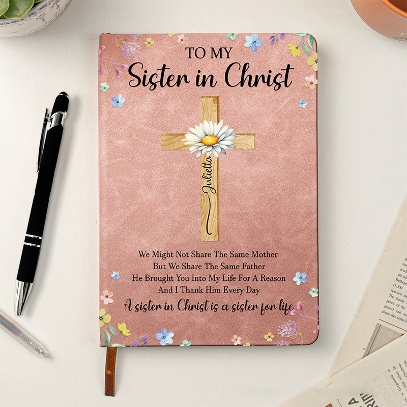 Personalized to My Sister in Christ Cross Prayer Journal Leather A5 Notebook with Name & Birth Flower Birthday Religious Gift for Women Christian